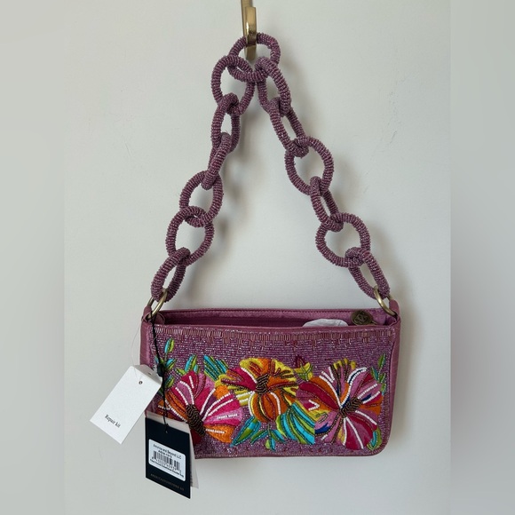America & Beyond Handbags - Viral Beaded purple hibiscus Embroidered Bag with Beaded Chain Strap
